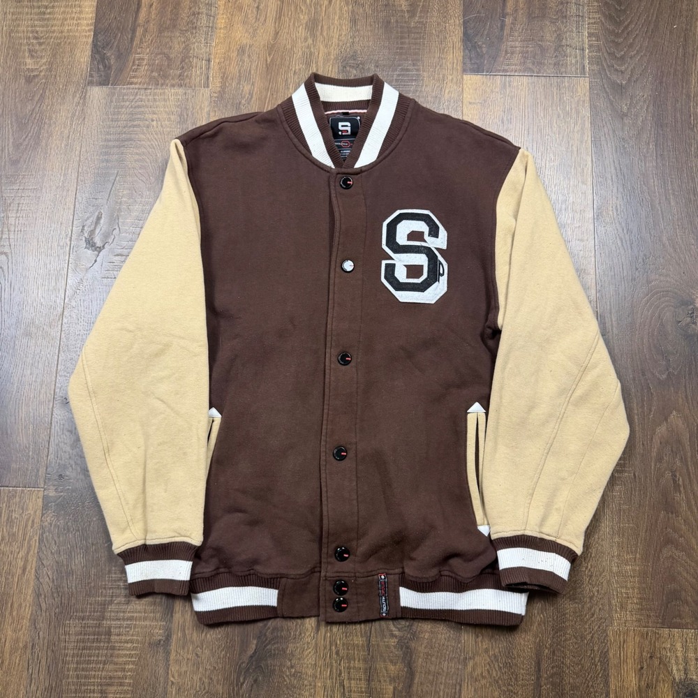 Vintage Southpole Varsity Letterman Jacket Brown Tan Snap Button Patch Size S